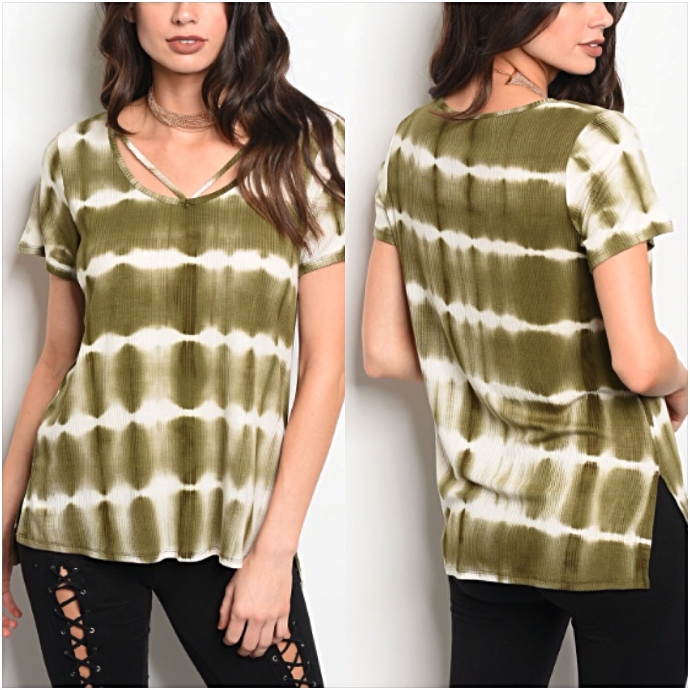 Olive Tie Dye Ribbed Strappy Tee Top SML - Picture 3 of 6